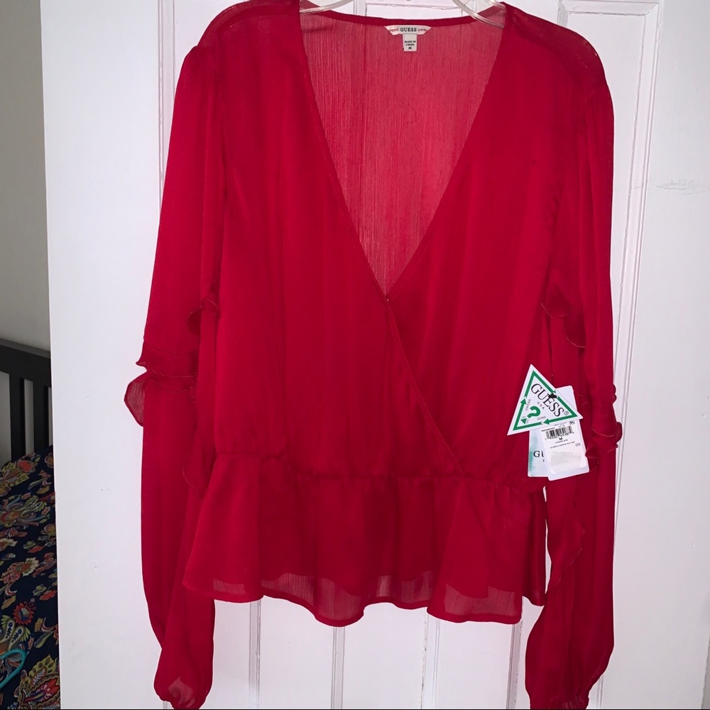 GUESS- Sheer Cherry Red deep V neck top -Medium